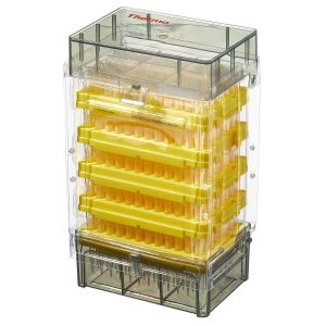 The Thermo Scientific ClipTip 200 Reload Tower holds 10 yellow racks of 2-200μL pipette tips (96 tips each) in a clear container with lid and base.