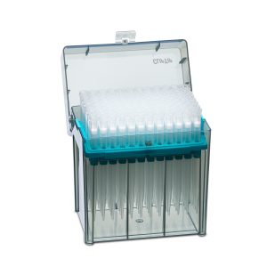 A transparent plastic box with a hinged lid contains a turquoise tray of Thermo Scientific ClipTip 1250 Rack filtered sterile tips (15-1250 μL, 8 x 96/rack) neatly arranged in rows.