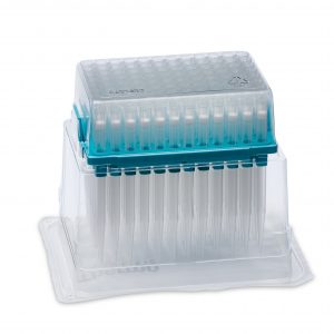 A turquoise plastic rack holds Thermo Scientific ClipTip 1250 Reload Inserts (15-1250μL, Filtered, Sterile), 8 inserts x 96 tips, each arranged in rows under a transparent lid and resting on a sealed base.