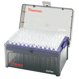 A rack of Thermo Scientific ClipTip 1000 pipette tips (30-1000μL, blue, filtered, sterile), featuring 8 x 96 tips neatly arranged under a transparent lid.