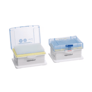 Two ep Dualfilter TIPS 384 Racks, Sterile, 0.5-100μL, Light Yellow (Eppendorf, 3840 tips), one open and one closed, are shown on a white background. Both are labeled PCR clean sterile and filled with tips.
