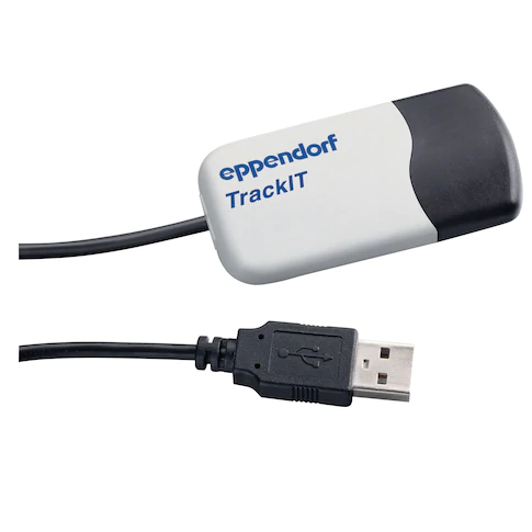 EP 3903000014 The Eppendorf TrackIT RFID Reader and Software (Eppendorf) is a white and black device with an attached USB cable, designed for efficient RFID reading and seamless software integration.