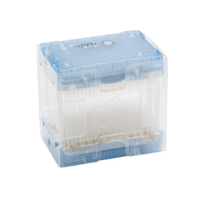 A transparent plastic box with a blue lid contains Eppendorf epTIPS 384 Reloads, PCR Clean, 0.1-20μL, light pink, holding 3840 tips neatly arranged in rows.