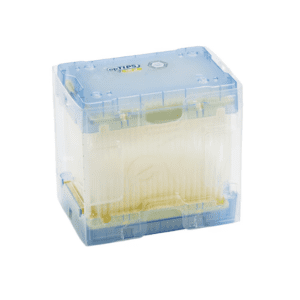 A clear plastic box with a blue lid contains stacked light yellow Eppendorf epTIPS 384 Reloads, PCR Clean, 0.5-100μL, 3840 pipette tips.
