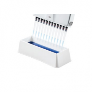 A multichannel pipette dispenses liquid into a Tip-Tub Autoclavable Reagent Reservoir (Eppendorf, 1 Set of 10) containing blue solution.