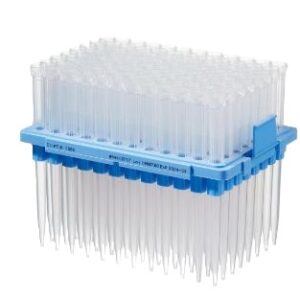 A blue rack holds Thermo Scientific ClipTip 1000 Reload Inserts—filtered, sterile pipette tips (30-1000μL, 8 inserts x 96 tips), ideal for precise lab liquid handling.