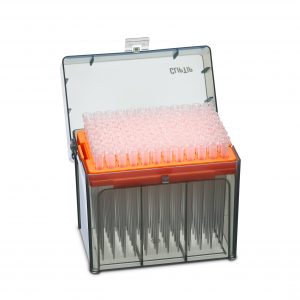 A transparent plastic box with an open lid contains a Thermo Scientific ClipTip 300 Ext Rack (10-300μL, extended length, orange), holding upright laboratory pipette tips.