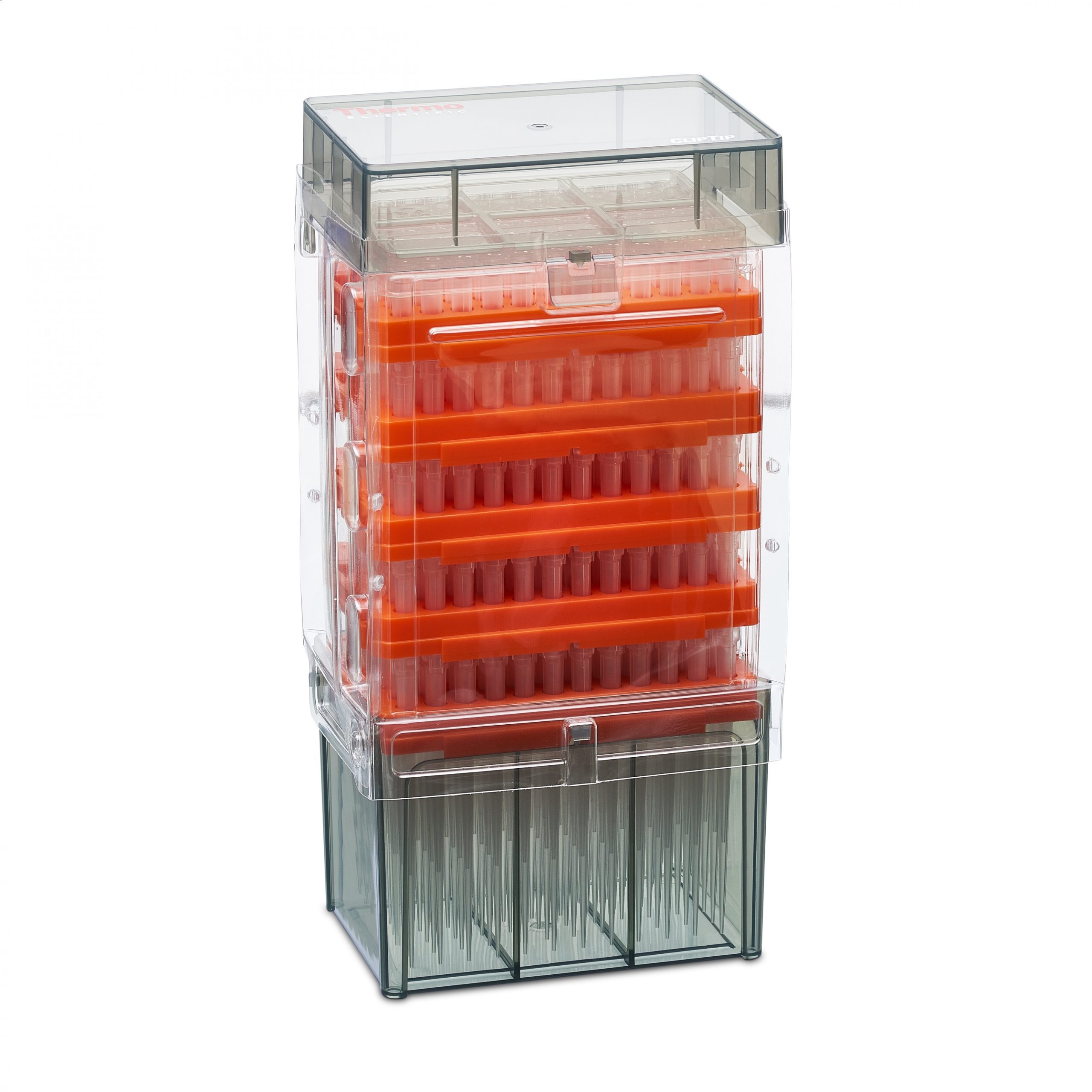 A clear plastic box with orange racks holds Thermo Scientific ClipTip 300 Ext Reload Tower, 10-300μL, sterile pipette tips (10 inserts x 96 extended length tips) stacked vertically inside.