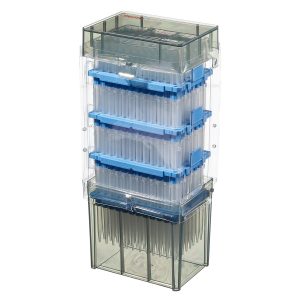 A stack of clear racks holds Thermo Scientific ClipTip 300 Ext Reload Tower pipette tips—10-300μL, extended length, sterile, orange, with 10 inserts of 96 tips each—in a transparent container.