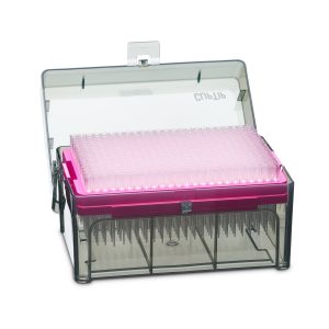 An open box reveals Thermo Scientific ClipTip 384 filtered, sterile pipette tips (0.5-12.5μL, extended length) arranged in a pink rack with a transparent lid, 10 x 384/rack.