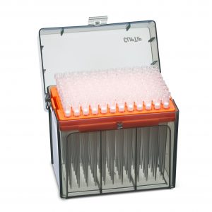 A plastic box with a transparent lid holds a tray of upright Thermo Scientific ClipTip 300 Ext Rack filtered, sterile pipette tips (10-300μL, orange, extended length, 8 x 96/rack), arranged in rows for lab use.