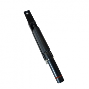 A close-up of a black mechanical part, resembling those in Eppendorf Move It Pipettes – Research Plus, Xplorer Plus, Volume Unit, Multichannel 1200μL, with a cylindrical section and red ring, isolated on white background.