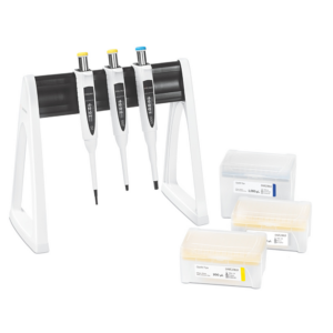 A Sartorius Proline Plus Mechanical Pipette 3-Pack with adjustable volumes (2-20μL, 20-200μL, 100-1000μL) rests on a stand beside four pipette tip boxes, each clearly labeled with volume and quantity details.
