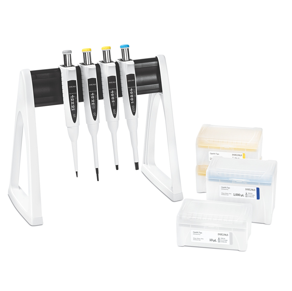 A Proline Plus Mechanical Pipette 4-Pack Multipack (Sartorius, adjustable single channel, 0.5-10μL, 2-20μL, 20-200μL, and 100-1000μL) in a stand beside boxes of assorted sizes of disposable pipette tips.