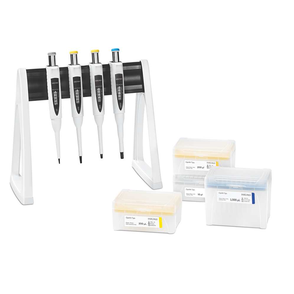 The Proline Plus Mechanical Pipette 4-Pack Multipack by Sartorius, featuring single channel adjustable volumes (0.5-10μL, 10-100μL, 20-200μL, 100-1000μL), is displayed alongside four boxes of disposable pipette tips.