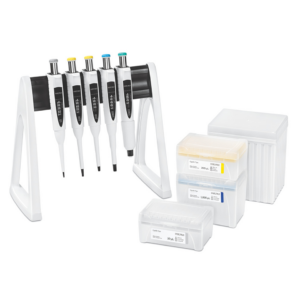 A Proline Plus Mechanical Pipette 5-Pack Multipack (Sartorius), with adjustable volumes from 0.5–5000μL, sits in a stand beside several boxes of pipette tips.