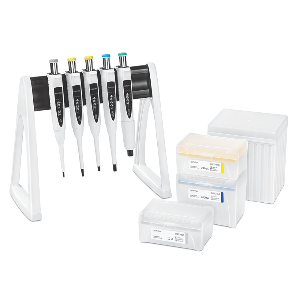 A Proline Plus Mechanical Pipette 5-Pack Multipack (Sartorius), with adjustable volumes from 0.5–5000μL, sits in a stand beside several boxes of pipette tips.