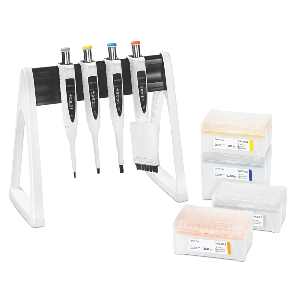 SA LH-728676 A Proline Plus Mechanical Pipette 3+1-Pack set (adjustable single channel: 0.5-10μL, 20-200μL, 100-1000μL; multichannel: 8x30-300μL) by Sartorius in a white stand, shown with four pipette tip boxes with colored labels.
