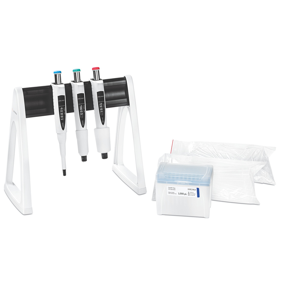 A Sartorius Proline Plus Mechanical Pipette 3-Pack Max Multipack (single channel, adjustable volumes: 100-1000μL, 500-5000μL, 1-10mL) is displayed beside pipette tip boxes and bags