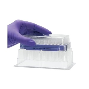 A gloved hand removes the lid from a box of Thermo Scientific ClipTip 50 Reload Inserts, 5-50μL, filtered and sterile violet tips (10 x 96), ready for lab use.