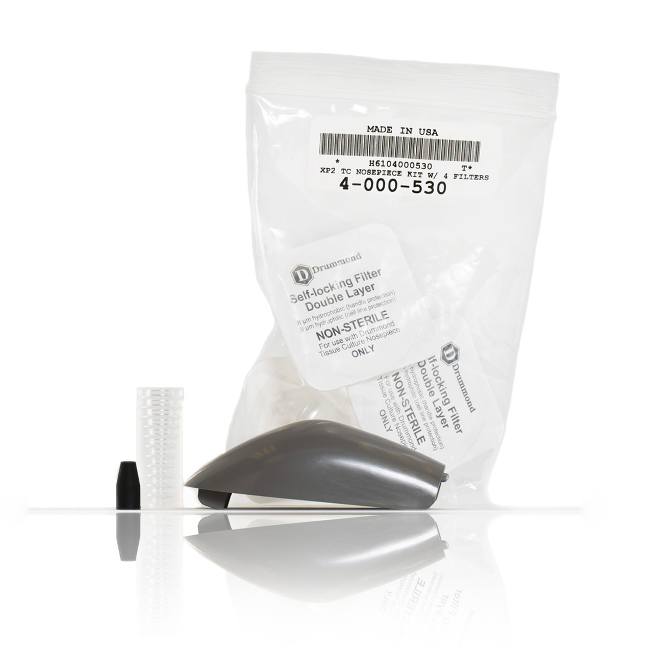 4-000-530 A non-sterile DreamGuard double-layer self-locking filter with gray plastic and white cylinder, compatible with the Portable Pipet-Aid XP2 TC Nosepiece Cover Kit with Filters, Rubber Insert & Hose Connector (Drummond).