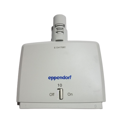 Top view of an Eppendorf Reference 2 Housing Case, Multichannel, 8-Channel, 10μL device showing a Multichannel dial set to 10, On/Off switch, and model number E 041758C above the Eppendorf logo on the housing.