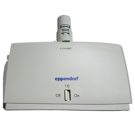 The Reference 2 Housing Case, Multichannel, 12-Channel, 10μL (Eppendorf) is a white lab device with a dial set to 10μL and an Off/On switch below the blue Eppendorf logo, all housed in a sturdy case.