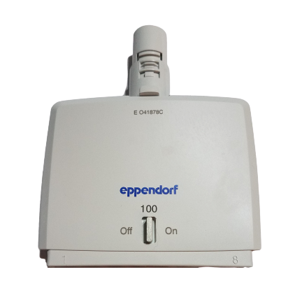 The Eppendorf Reference 2 Housing Case is a white, 8-channel, 100μL multichannel laboratory device featuring a dial set to 100 and a front switch labeled “Off” and “On.”.