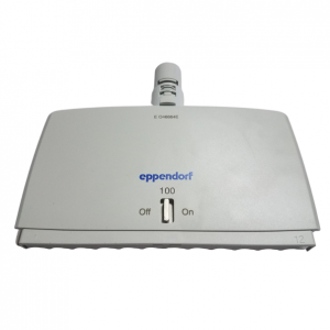 Rectangular white Reference 2 Housing Case, Multichannel, 12-Channel, 100μL (Eppendorf) lab device attachment with on/off switch and “100” marking, viewed from above.