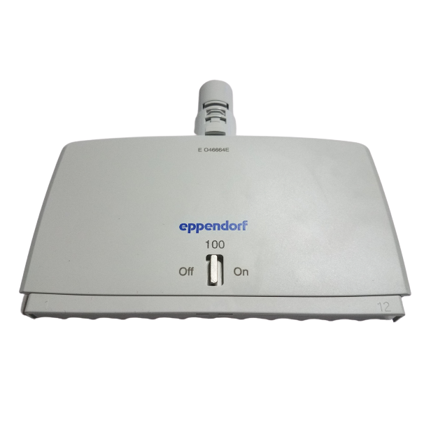 Rectangular white Reference 2 Housing Case, Multichannel, 12-Channel, 100μL (Eppendorf) lab device attachment with on/off switch and “100” marking, viewed from above.