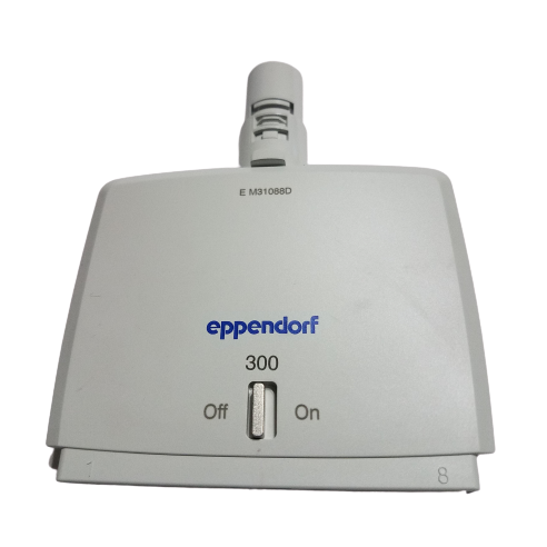 A gray Eppendorf Reference 2 Housing Case, Multichannel, 8-channel, 300μL device with a dial set to 300, on/off switch, and labeled increments from 1 to 8.