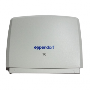 A gray rectangular Eppendorf Reference 2 Housing Cover, Multichannel, 8-Channel, 10μL device labeled "10" with the brand name in blue on a white cover.
