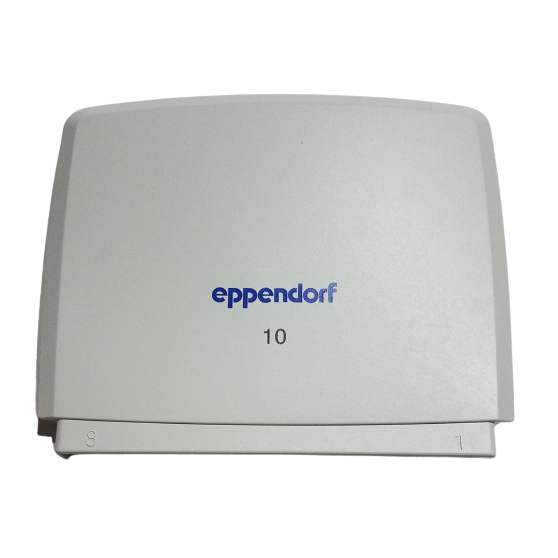 A gray rectangular Eppendorf Reference 2 Housing Cover, Multichannel, 8-Channel, 10μL device labeled "10" with the brand name in blue on a white cover.