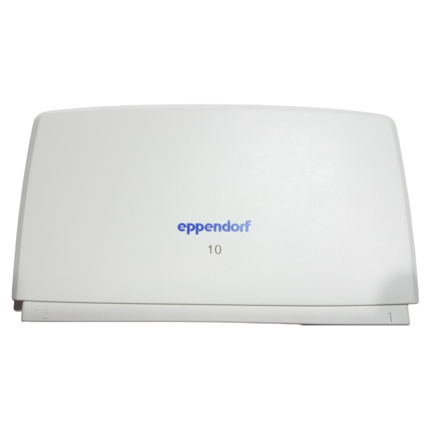 The Reference 2 Housing Cover for Eppendorf multichannel (12-channel) pipettes holds 10μL tips securely, keeping them organized and contamination-free. The white plastic box features a blue "10" label on the lid.