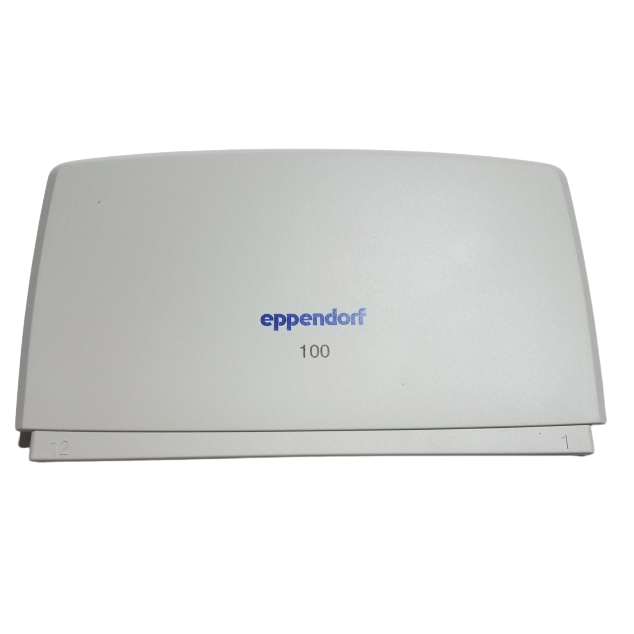 The Reference 2 Housing Cover, Multichannel, 12-Channel, 100μL (Eppendorf) is a gray plastic box labeled 100 with a hinged lid, ideal for lab sample storage and as a cover for multichannel or 12-channel pipette tips.