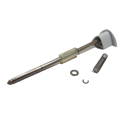 A Pipet-Lite XLS Ejector Push Rod Assembly, LTS, Single Channel (Rainin) with metal plunger, gray cap, coil spring, washer, and small C-clip displayed on a white background.