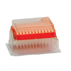 A red reload insert rack holds 4,800 sterile, filtered Thermo Scientific SoftFit-L Tips for Rainin LTS (20μL), each clear and ready to use.