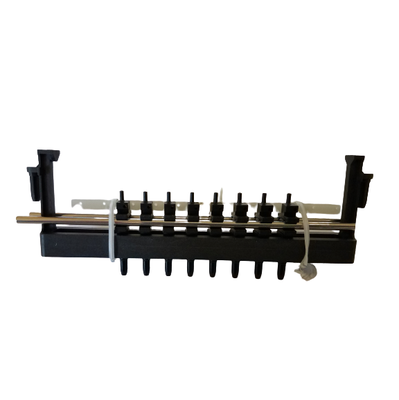 Black plastic and metal Thermo Scientific E1 ClipTip Tip Fitting Assembly for 8 Channel, Fixed Manifold, 384 Format, 0.5-12.5μL, shown with multiple pegs and a cable tie against a white background.