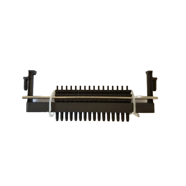 A black plastic electronic connector with two side clips and multiple pins, part of the Thermo Scientific E1 ClipTip Tip Fitting Assembly, 16 Channel, Fixed Manifold, 384 Format (0.5-12.5μL), shown from above on a white background.
