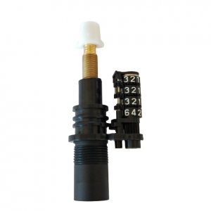 A black combination lock with four number dials and brass rod with a white cap, designed for the Research Counter Assembly, Multichannel, 300μL (Eppendorf), and compatible with multichannel setups.