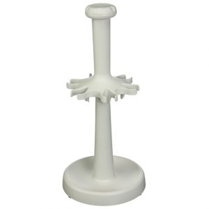 The Universal Carousel Rack for Six Single Channel Pipettes (Labnet International) is a white plastic rack with a round base, central pole, and circularly arranged hooks—perfect for organizing single channel pipettes.