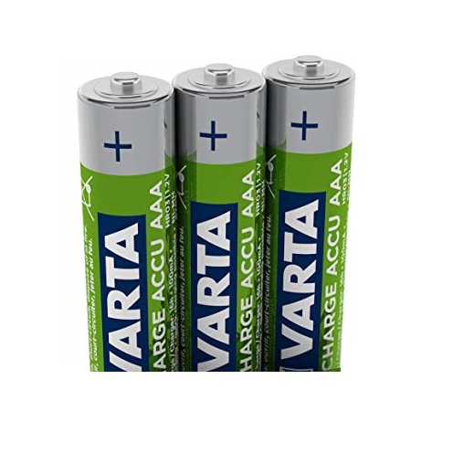 Three Varta Charge Accu AAA rechargeable batteries stand upright with labels visible, ideal for use in Labnet’s FastPette Pro P2002 or Swiftpet Pro Rechargeable Battery Assembly.