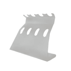 The BioPette Plus / V-Pette, 4 Position Linear Plexi Stand by Labnet International features four oval slots and a flat base, perfect for organizing pipettes, tools, or utensils in the lab.