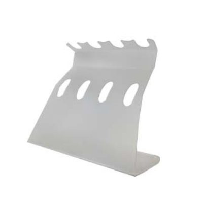 LN_P3982 The BioPette Plus / V-Pette, 4 Position Linear Plexi Stand by Labnet International features four oval slots and a flat base, perfect for organizing pipettes, tools, or utensils in the lab.
