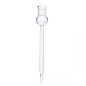 A clear Nichiryo glass pipette with a bulb and tapered tip on a white background, shown with Glass Pipette Tips for Nichipet ECO (Box of 10, 1-5mL, Nichiryo) for compatibility.