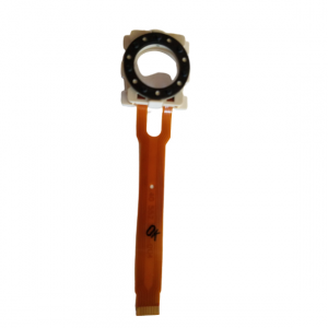 A close-up of a Repeater Pro Combitip Sensor (Eppendorf) showing its electronic flex ribbon, round sensor component, and white plastic holder, isolated on a white background.
