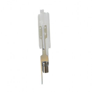 A metal and plastic surgical blade with a protective cover is shown on a white background next to an Eppendorf Repeater Plus / Multipette Plus Adjustment Sleeve.