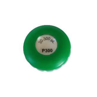 Green Pipetman G plunger button with ridged edges, labeled 300μL and P8x300G/P12x300G, compatible with Gilson multichannel pipettes, shown on a white background.