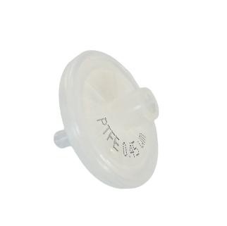 GI F107206 1 The Macroman Membrane Filter, Standard, PTFE, 0.45 µM (Gilson) is a round, translucent syringe filter marked with "PTFE 0.45 µM," suitable for fine particle filtration through its small inlet and outlet.