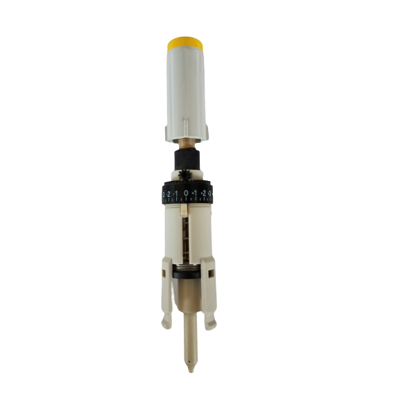 The Reference 2 Stroke System, 20μL Yellow (Eppendorf) is a precision cutting tool with a white body, black numbered dial, yellow cap, and metal tip—shown vertically on a white background.
